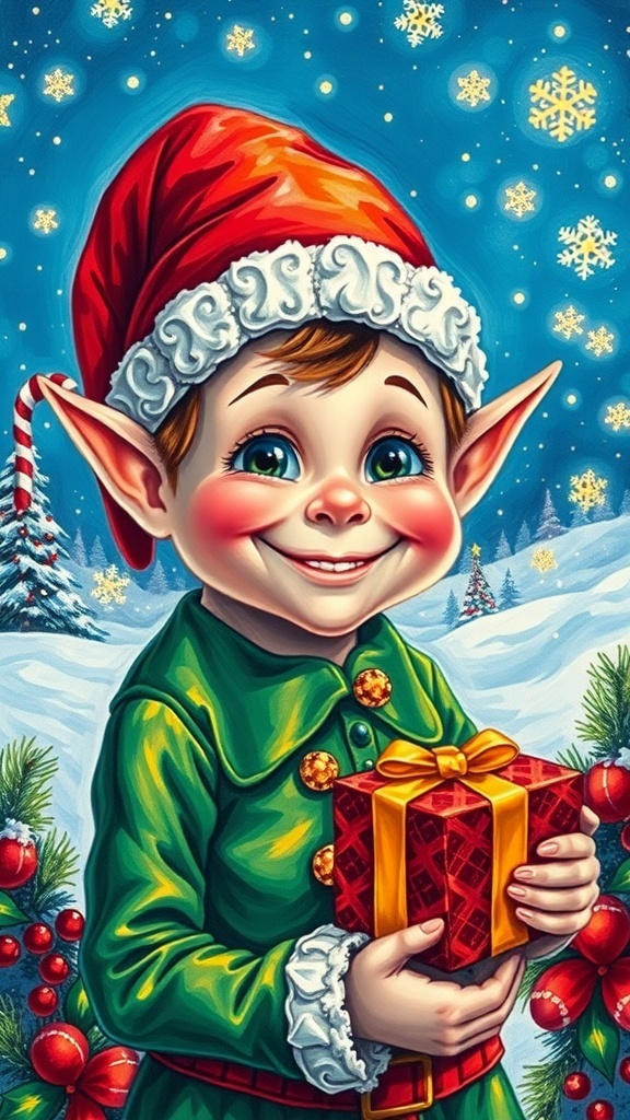 A colorful painting of a Christmas elf with a red hat and green outfit, surrounded by festive decorations.
